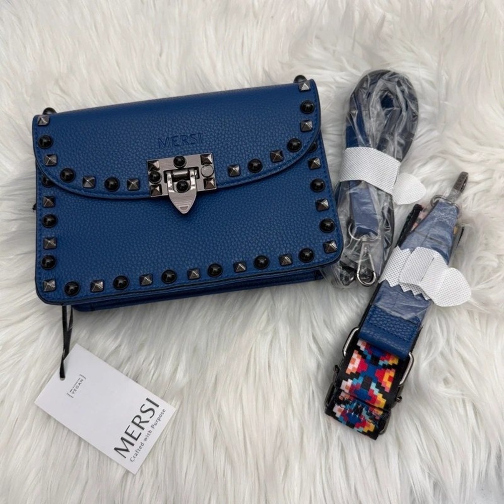 Mersi Crossbody Bag Womens Small Blue NEW Studded Vegan Leather Interchangeable